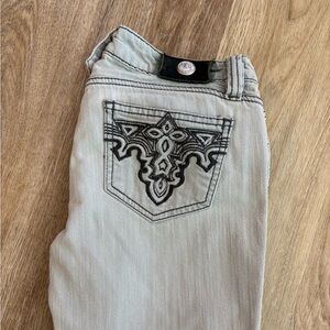 Antik Denim Pale Grey Jeans with Intricate Black Embroidery